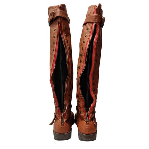 Bamboo Montage 10 Womens Boots Brown Knee High Faux Leather Buckle Stud Lined - Picture 3 of 15